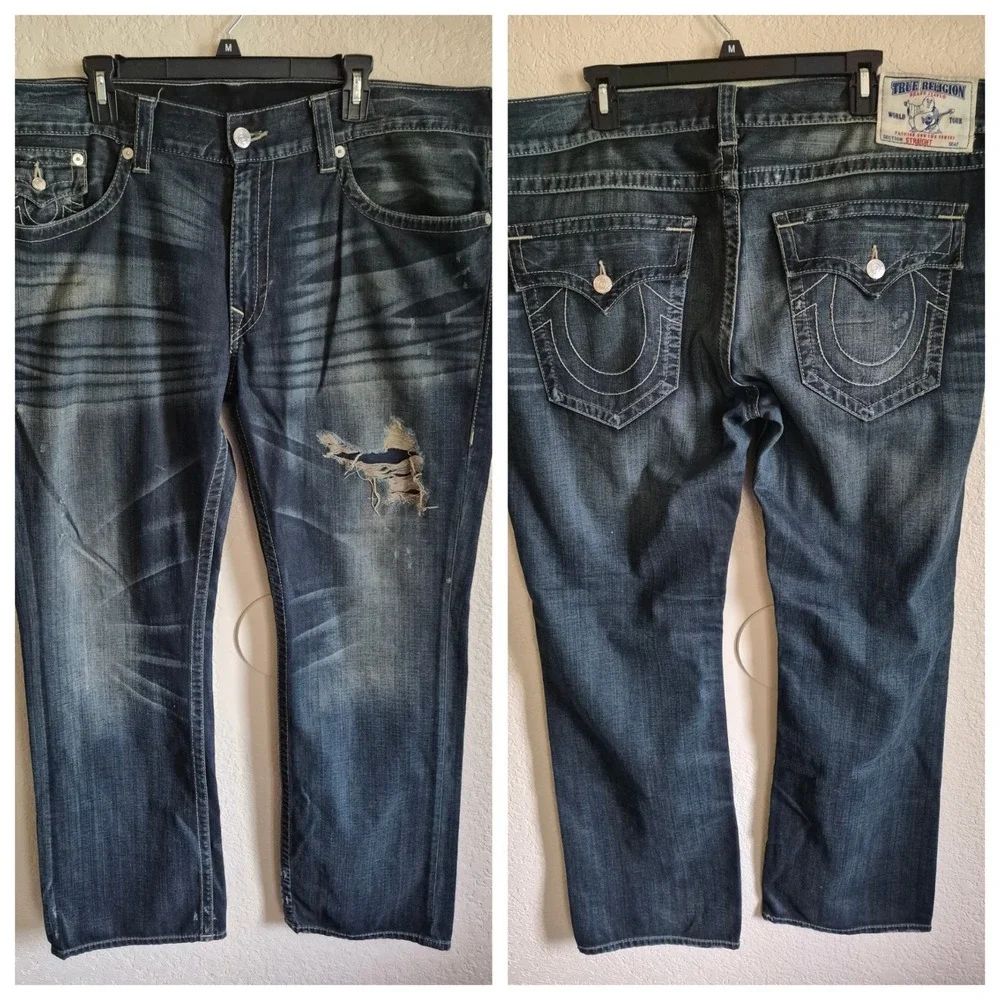 True Religion Straight Fit w/Flap Jeans Men's Size 42x32 Straight Leg Blue Denim